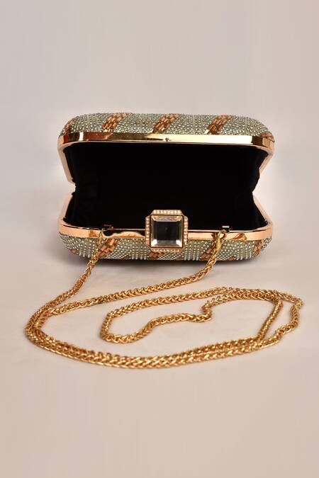 Shop_Alor Bags_Gold Rhinestones Rain Clutch _Online_at_Aza_Fashions