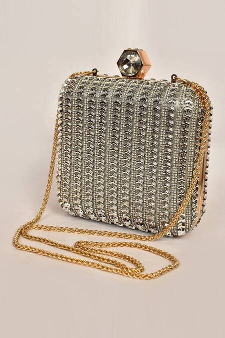 Buy_Alor Bags_Silver Crystals, Diamonds Metallica Clutch _Online_at_Aza_Fashions