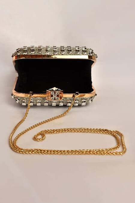 Shop_Alor Bags_Silver Crystals, Diamonds Metallica Clutch _Online_at_Aza_Fashions