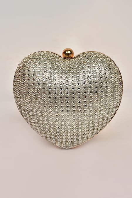 Alor Bags_Silver Rhinestones Dazzle Embellished Heart Clutch _Online_at_Aza_Fashions