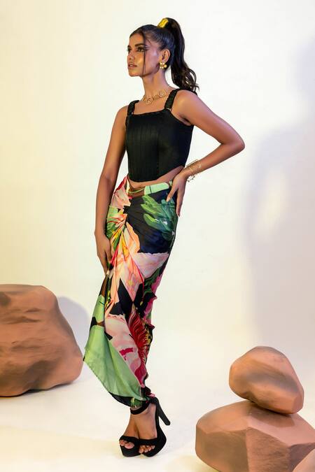 That Thing You Love Multi Color Satin, Cotton Lily Print Draped Skirt Online at Aza Fashions That Thing You Love_Multi Color Satin, Cotton Lily Print Draped Skirt _Online_at_Aza_Fashions