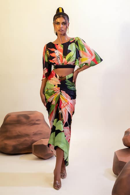 Shop That Thing You Love Multi Color Satin, Cotton Lily Print Draped Skirt Online at Aza Fashions Shop_That Thing You Love_Multi Color Satin, Cotton Lily Print Draped Skirt _Online_at_Aza_Fashions