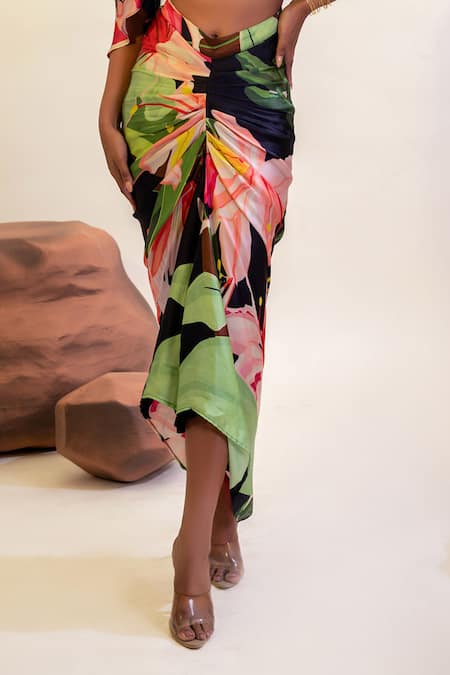 That Thing You Love Multi Color Satin, Cotton Lily Print Draped Skirt at Aza Fashions That Thing You Love_Multi Color Satin, Cotton Lily Print Draped Skirt _at_Aza_Fashions