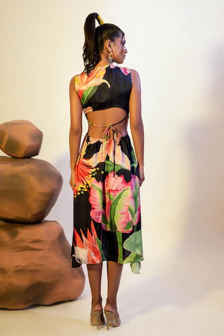 Shop That Thing You Love Multi Color Satin V-neck Tropical Lillies Print Cut Out Dress at Aza Fashions Shop_That Thing You Love_Multi Color Satin V-neck Tropical Lillies Print Cut Out Dress _at_Aza_Fashions