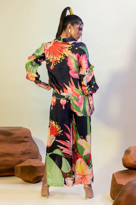 Shop That Thing You Love Multi Color Satin Collared Lily Bloom Print Shirt at Aza Fashions Shop_That Thing You Love_Multi Color Satin Collared Lily Bloom Print Shirt _at_Aza_Fashions