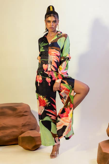 Buy That Thing You Love Multi Color Satin Collared Lily Bloom Print Shirt Online at Aza Fashions Buy_That Thing You Love_Multi Color Satin Collared Lily Bloom Print Shirt _Online_at_Aza_Fashions