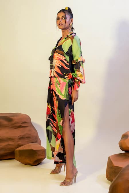 Buy That Thing You Love Multi Color Satin Collared Lily Blossom Print Shirt With Slit Pant Online at Aza Fashions Buy_That Thing You Love_Multi Color Satin Collared Lily Blossom Print Shirt With Slit Pant _Online_at_Aza_Fashions