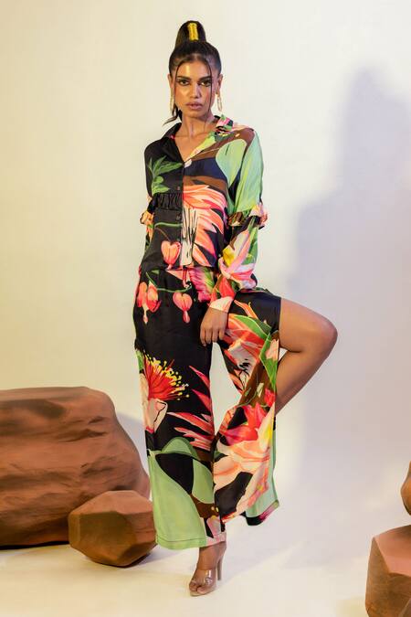 That Thing You Love Multi Color Satin Collared Lily Blossom Print Shirt With Slit Pant at Aza Fashions That Thing You Love_Multi Color Satin Collared Lily Blossom Print Shirt With Slit Pant _at_Aza_Fashions