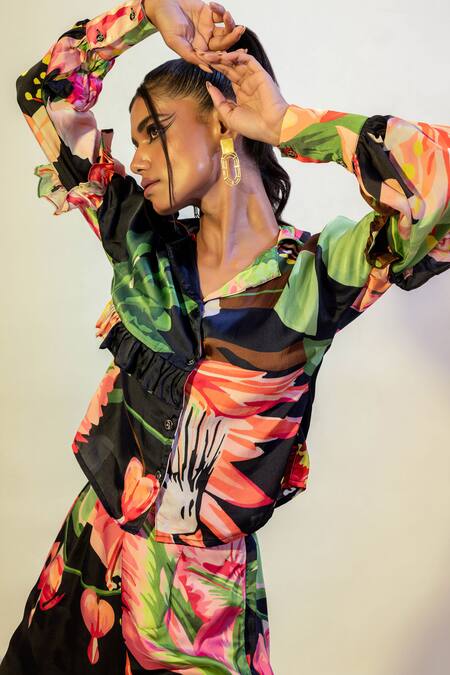 Buy That Thing You Love Multi Color Satin Collared Lily Blossom Print Shirt With Slit Pant Buy_That Thing You Love_Multi Color Satin Collared Lily Blossom Print Shirt With Slit Pant