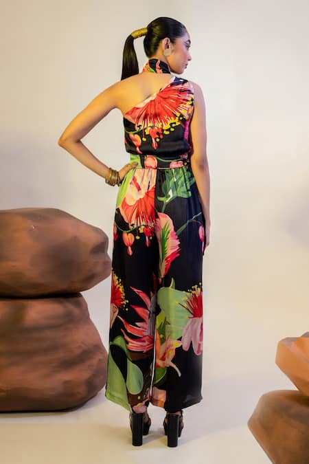 Shop That Thing You Love Multi Color Satin, Cotton Embroidery Asymmetric Pollen Lily Print Jumpsuit at Aza Fashions Shop_That Thing You Love_Multi Color Satin, Cotton Embroidery Asymmetric Pollen Lily Print Jumpsuit _at_Aza_Fashions