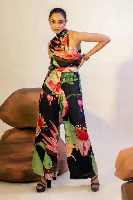 That Thing You Love Multi Color Satin, Cotton Embroidery Asymmetric Pollen Lily Print Jumpsuit Online at Aza Fashions That Thing You Love_Multi Color Satin, Cotton Embroidery Asymmetric Pollen Lily Print Jumpsuit _Online_at_Aza_Fashions
