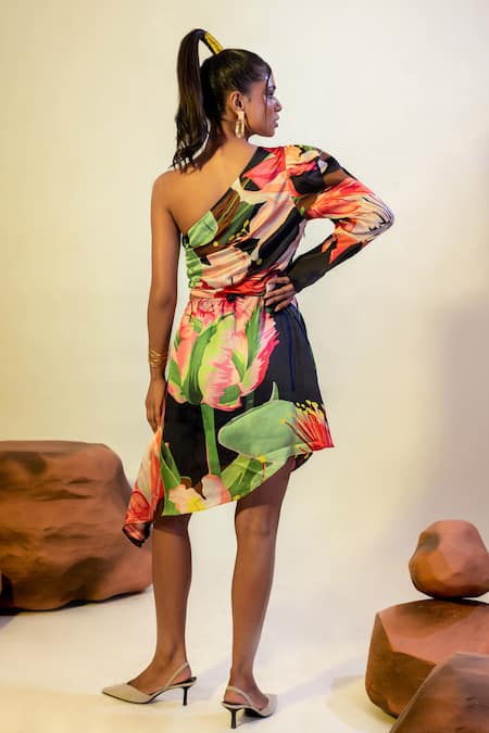 Shop That Thing You Love Multi Color Satin, Cotton One Shoulder Lily Blast Print Cut Out Dress at Aza Fashions Shop_That Thing You Love_Multi Color Satin, Cotton One Shoulder Lily Blast Print Cut Out Dress _at_Aza_Fashions