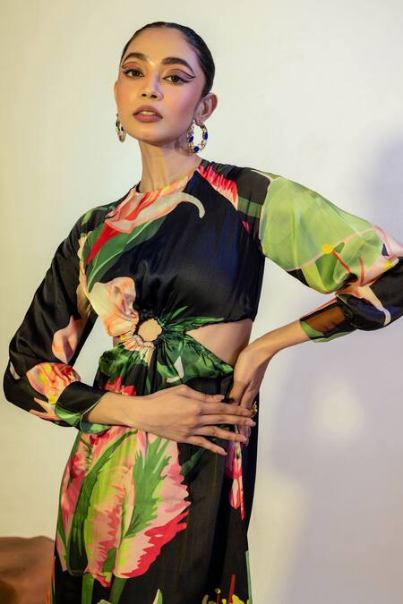 That Thing You Love Multi Color Satin Round Neck Flowery Print Cut Out Dress Online at Aza Fashions That Thing You Love_Multi Color Satin Round Neck Flowery Print Cut Out Dress _Online_at_Aza_Fashions