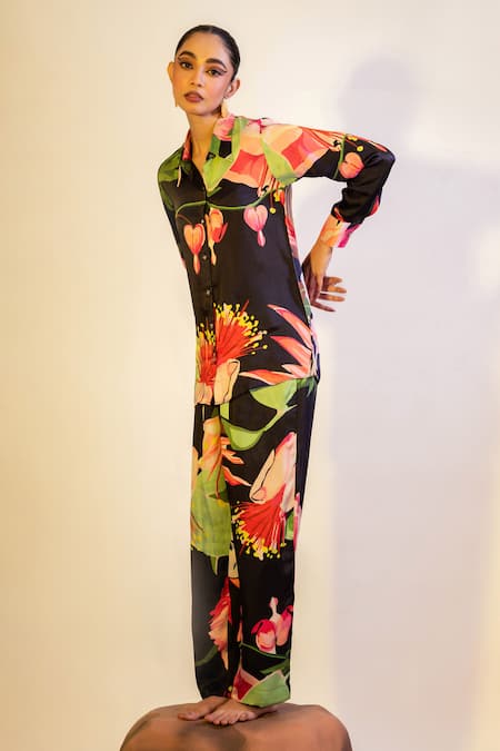 That Thing You Love Multi Color Satin Embroidery Collared Floret Print Shirt Online at Aza Fashions That Thing You Love_Multi Color Satin Embroidery Collared Floret Print Shirt _Online_at_Aza_Fashions