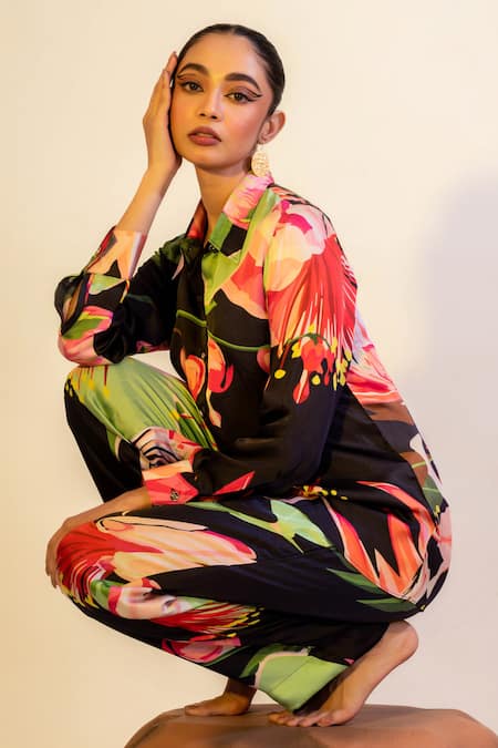 Buy That Thing You Love Multi Color Satin Embroidery Collared Floret Print Shirt Online at Aza Fashions Buy_That Thing You Love_Multi Color Satin Embroidery Collared Floret Print Shirt _Online_at_Aza_Fashions