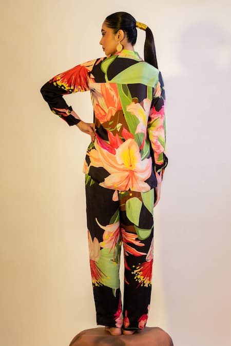 Shop That Thing You Love Multi Color Satin Embroidery Collared Floral Bloom Print Shirt With Pant at Aza Fashions Shop_That Thing You Love_Multi Color Satin Embroidery Collared Floral Bloom Print Shirt With Pant _at_Aza_Fashions