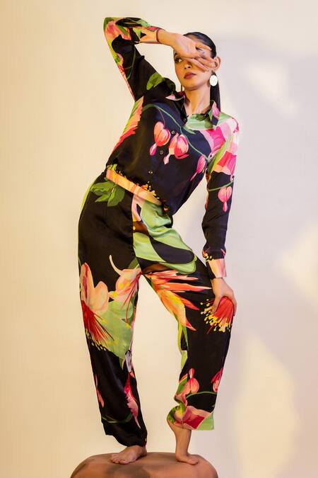 Buy That Thing You Love Multi Color Satin Embroidery Collared Floral Bloom Print Shirt With Pant Online at Aza Fashions Buy_That Thing You Love_Multi Color Satin Embroidery Collared Floral Bloom Print Shirt With Pant _Online_at_Aza_Fashions