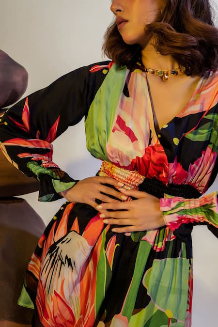 Buy That Thing You Love Multi Color Satin, Cotton Plunge Neck Flora Print Smocked Midi Dress Online at Aza Fashions Buy_That Thing You Love_Multi Color Satin, Cotton Plunge Neck Flora Print Smocked Midi Dress _Online_at_Aza_Fashions