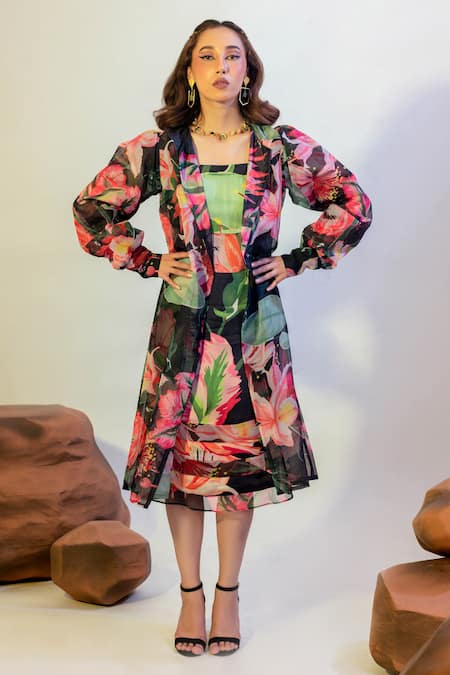That Thing You Love Multi Color Organza Bloom Print Trench Coat Online at Aza Fashions That Thing You Love_Multi Color Organza Bloom Print Trench Coat _Online_at_Aza_Fashions
