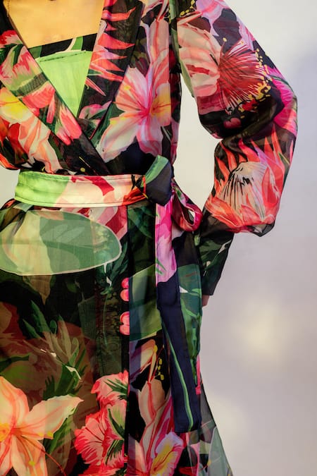 Buy That Thing You Love Multi Color Organza Bloom Print Trench Coat Online at Aza Fashions Buy_That Thing You Love_Multi Color Organza Bloom Print Trench Coat _Online_at_Aza_Fashions