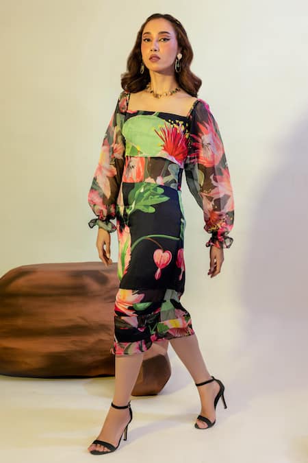 Buy That Thing You Love Multi Color Organza, Satin, Cotton Embroidery Square Neck Blossom Pattern Dress Online at Aza Fashions Buy_That Thing You Love_Multi Color Organza, Satin, Cotton Embroidery Square Neck Blossom Pattern Dress _Online_at_Aza_Fashions