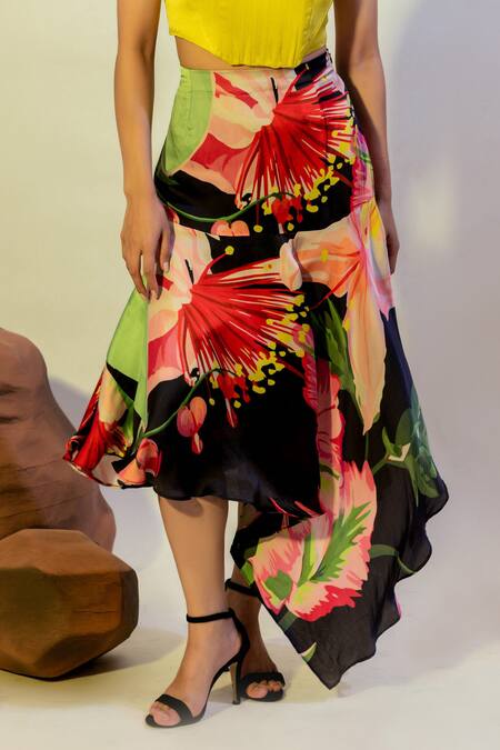 That Thing You Love_Multi Color Satin, Linen Embroidery Floral Pattern Asymmetric Hem Skirt _Online_at_Aza_Fashions