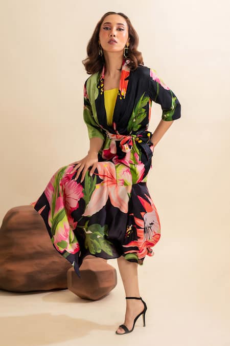 Buy_That Thing You Love_Multi Color Satin, Linen Embroidery Floral Pattern Asymmetric Hem Skirt _Online_at_Aza_Fashions
