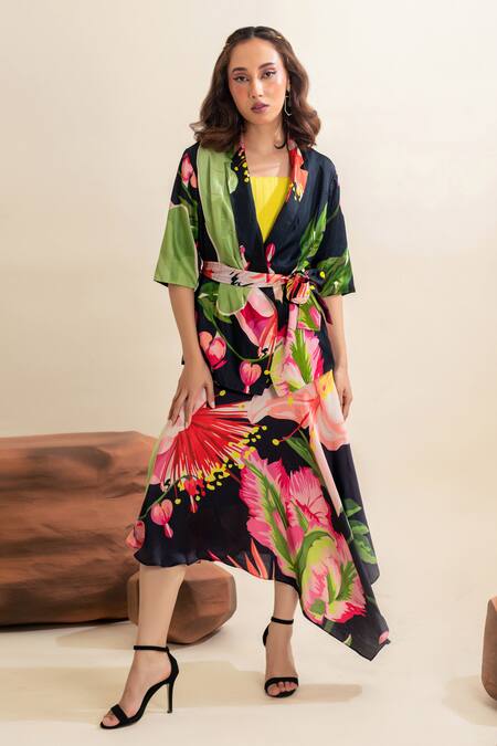Shop_That Thing You Love_Multi Color Satin, Linen Embroidery Floral Pattern Asymmetric Hem Skirt _Online_at_Aza_Fashions