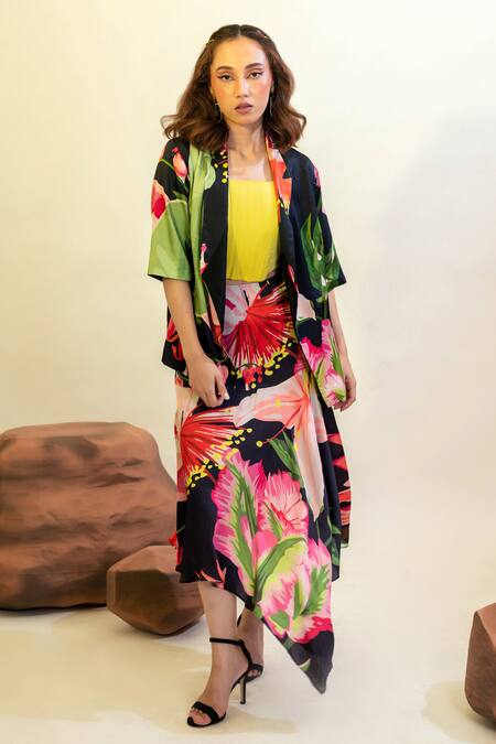 That Thing You Love_Multi Color Satin, Linen Embroidery Floral Pattern Asymmetric Hem Skirt _at_Aza_Fashions