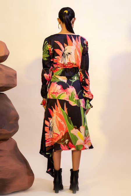 Shop That Thing You Love Multi Color Satin, Cotton Botanic Pattern Asymmetric Skirt With Crop Top at Aza Fashions Shop_That Thing You Love_Multi Color Satin, Cotton Botanic Pattern Asymmetric Skirt With Crop Top _at_Aza_Fashions