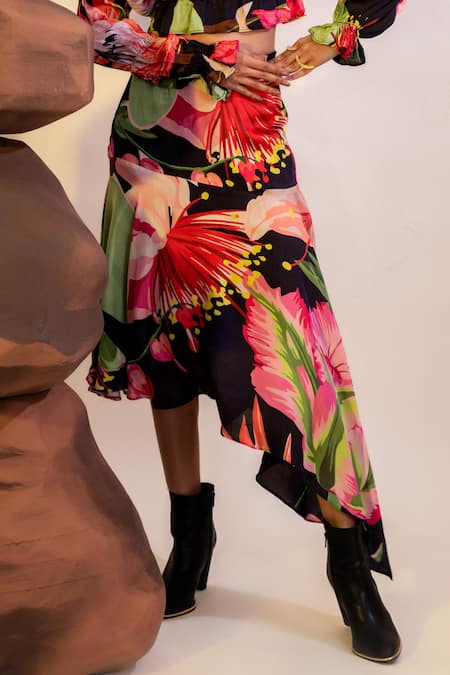 That Thing You Love Multi Color Satin, Cotton Botanic Pattern Asymmetric Skirt With Crop Top Online at Aza Fashions That Thing You Love_Multi Color Satin, Cotton Botanic Pattern Asymmetric Skirt With Crop Top _Online_at_Aza_Fashions
