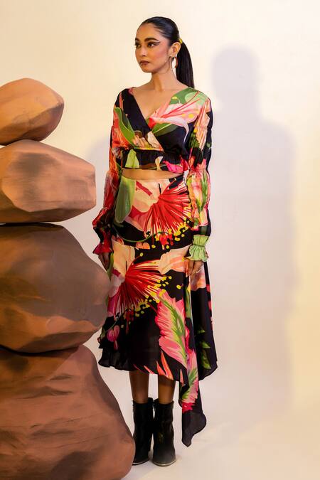 Shop That Thing You Love Multi Color Satin, Cotton Botanic Pattern Asymmetric Skirt With Crop Top Online at Aza Fashions Shop_That Thing You Love_Multi Color Satin, Cotton Botanic Pattern Asymmetric Skirt With Crop Top _Online_at_Aza_Fashions