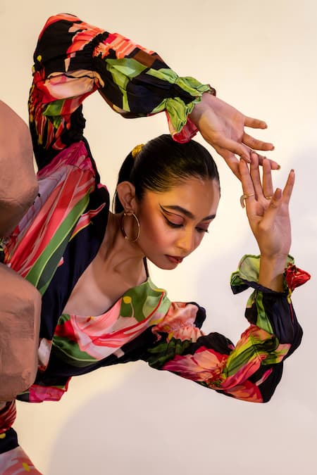 Buy That Thing You Love Multi Color Satin, Cotton Botanic Pattern Asymmetric Skirt With Crop Top Buy_That Thing You Love_Multi Color Satin, Cotton Botanic Pattern Asymmetric Skirt With Crop Top