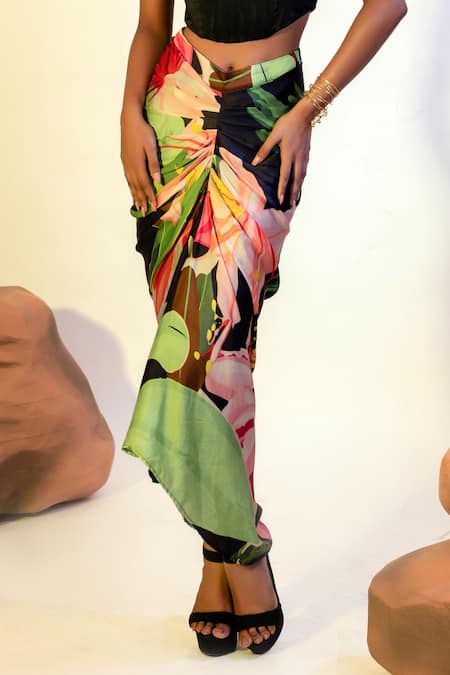 That Thing You Love_Multi Color Satin, Cotton Embroidery Garden Pattern Fitted Skirt With Corset _Online_at_Aza_Fashions