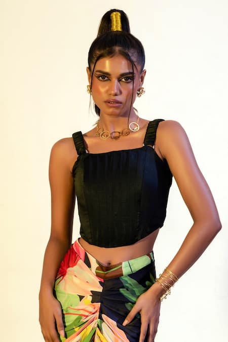 Buy_That Thing You Love_Multi Color Satin, Cotton Embroidery Garden Pattern Fitted Skirt With Corset _Online_at_Aza_Fashions