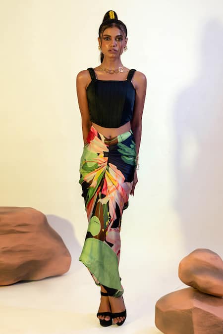 Shop_That Thing You Love_Multi Color Satin, Cotton Embroidery Garden Pattern Fitted Skirt With Corset _Online_at_Aza_Fashions