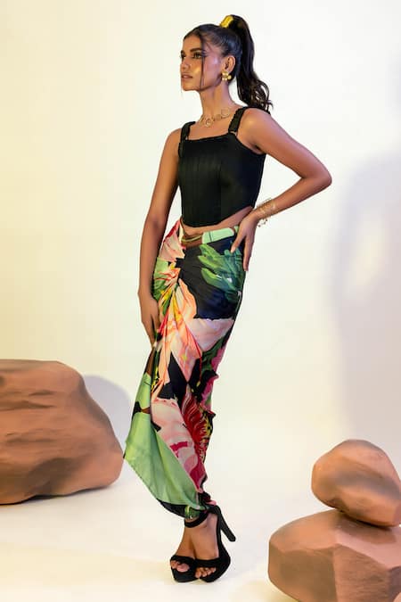That Thing You Love_Multi Color Satin, Cotton Embroidery Garden Pattern Fitted Skirt With Corset _at_Aza_Fashions