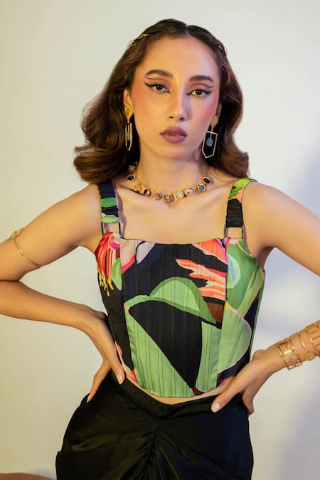 Shop_That Thing You Love_Multi Color Satin, Cotton Embroidery Square Neck Floral Pattern Corset Top _Online_at_Aza_Fashions
