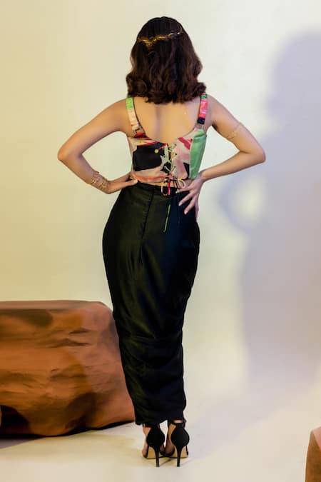 Shop That Thing You Love Multi Color Satin, Cotton Embroidery Square Blossom Pattern Corset With Skirt at Aza Fashions Shop_That Thing You Love_Multi Color Satin, Cotton Embroidery Square Blossom Pattern Corset With Skirt _at_Aza_Fashions