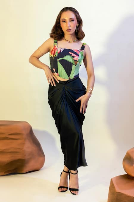 Shop That Thing You Love Multi Color Satin, Cotton Embroidery Square Blossom Pattern Corset With Skirt Online at Aza Fashions Shop_That Thing You Love_Multi Color Satin, Cotton Embroidery Square Blossom Pattern Corset With Skirt _Online_at_Aza_Fashions