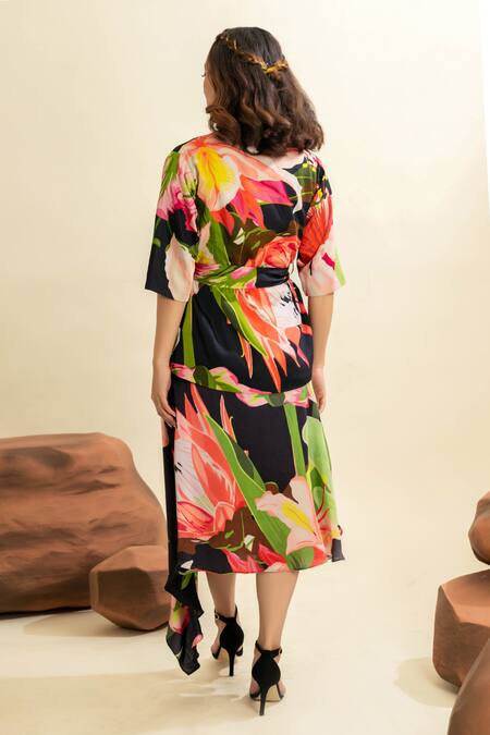 Shop_That Thing You Love_Multi Color Satin, Cotton Embroidery Square Flower Bud Pattern Blazer Skirt Set _at_Aza_Fashions