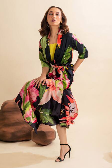 Buy_That Thing You Love_Multi Color Satin, Cotton Embroidery Square Flower Bud Pattern Blazer Skirt Set _Online_at_Aza_Fashions