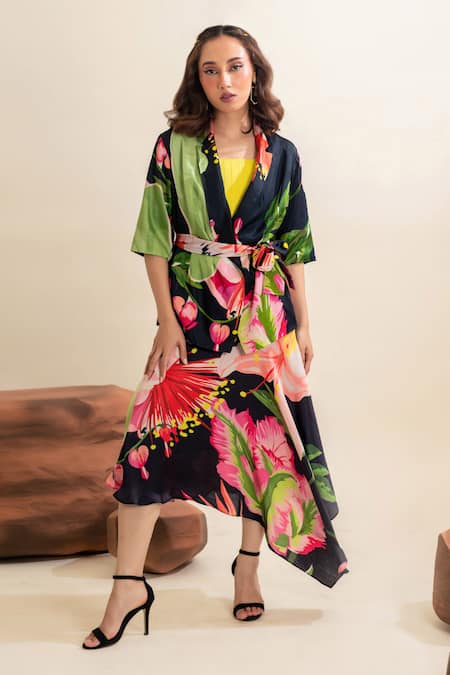 Shop_That Thing You Love_Multi Color Satin, Cotton Embroidery Square Flower Bud Pattern Blazer Skirt Set _Online_at_Aza_Fashions