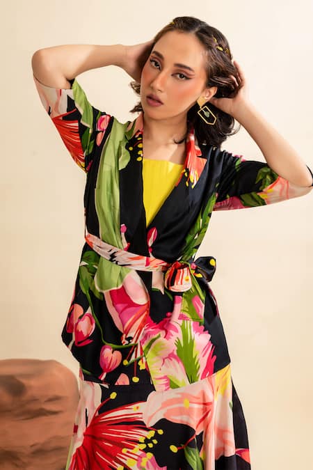 That Thing You Love_Multi Color Satin, Cotton Embroidery Square Flower Bud Pattern Blazer Skirt Set _at_Aza_Fashions
