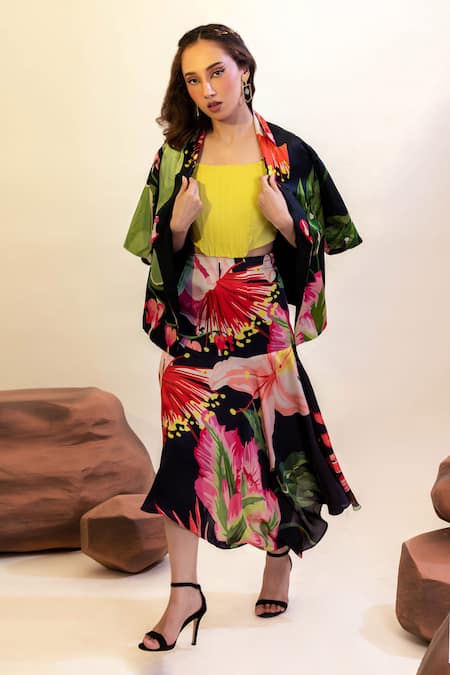 Buy_That Thing You Love_Multi Color Satin, Cotton Embroidery Square Flower Bud Pattern Blazer Skirt Set 