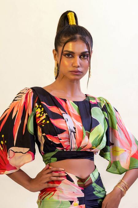 That Thing You Love Multi Color Satin, Cotton Embroidery Round Neck Bouquet Pattern Blouse Online at Aza Fashions That Thing You Love_Multi Color Satin, Cotton Embroidery Round Neck Bouquet Pattern Blouse _Online_at_Aza_Fashions