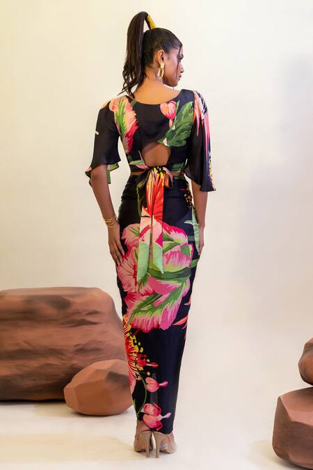 Shop_That Thing You Love_Multi Color Satin, Cotton Embroidery Floral Garden Pattern Blouse With Skirt _at_Aza_Fashions