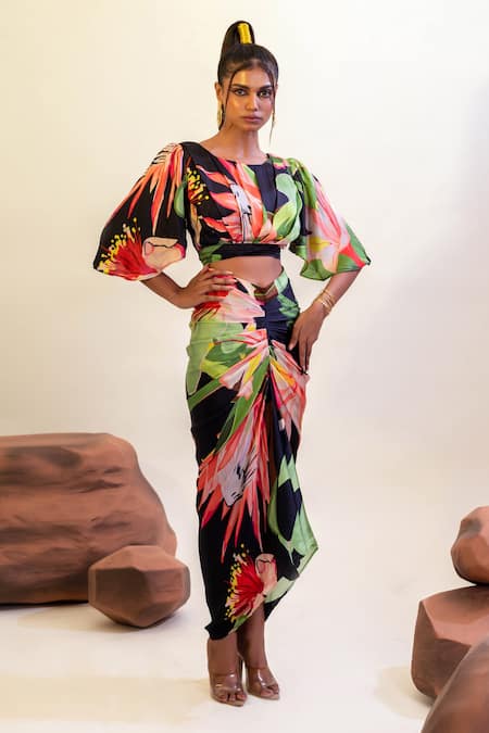 That Thing You Love_Multi Color Satin, Cotton Embroidery Floral Garden Pattern Blouse With Skirt _Online_at_Aza_Fashions