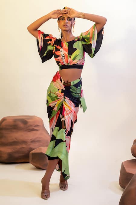 Shop_That Thing You Love_Multi Color Satin, Cotton Embroidery Floral Garden Pattern Blouse With Skirt _Online_at_Aza_Fashions