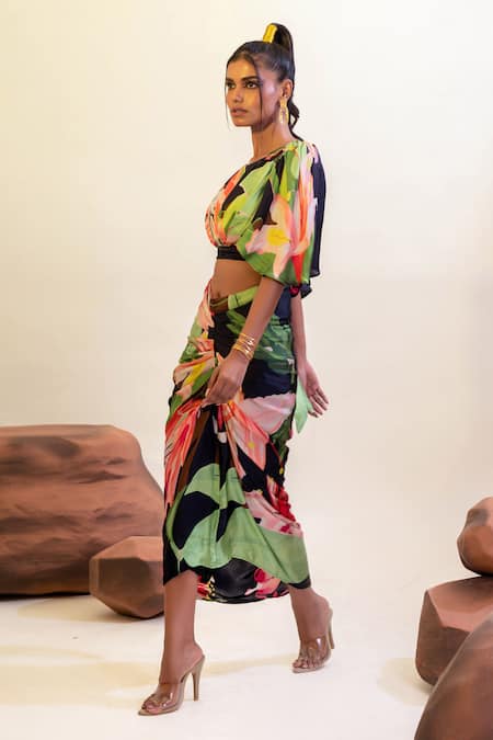 That Thing You Love_Multi Color Satin, Cotton Embroidery Floral Garden Pattern Blouse With Skirt _at_Aza_Fashions